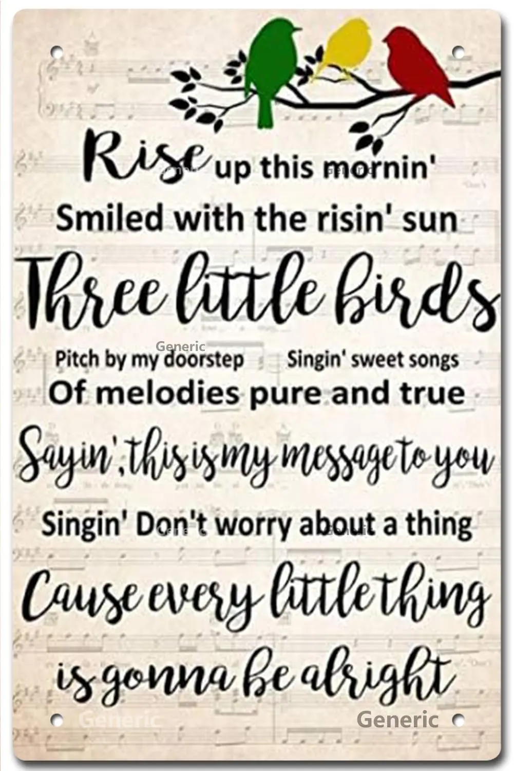 Retro,Three Little Birds Lyric, Music Gift, Every Little Thing is Gonna Be Alright,Inspirational for Bedroom Office Home 12 sign