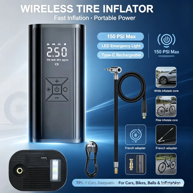 Wireless Air Pump 150psi Portable Electric Tire Inflator For Car Bicycle Motorcycle Mini Air Compressor Tire Air Injector