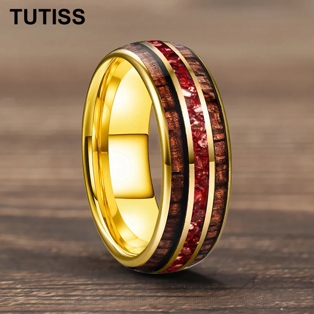 

TUTISS 8mm Tungsten Carbide Ring Inlaid Hawaiian Koa Wood Tungsten Rings Red Crystal Stone Wedding Band Comfortable Fit