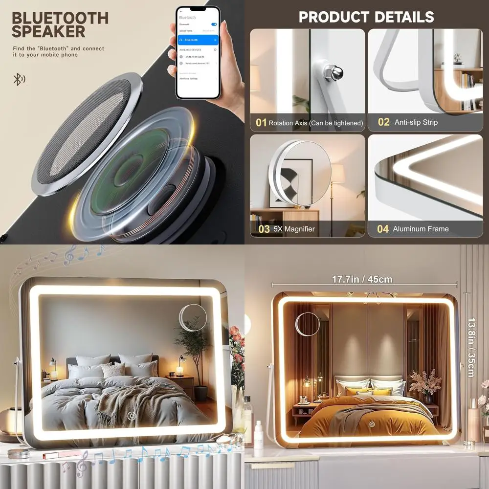 مرآة مكياج LED بلوتوث مع ضوء 17.7 × 13.8 ومكبر 10 مرات، ومستشعر ذكي، وإطار معدني أبيض