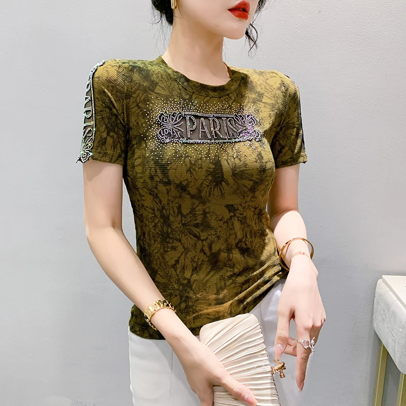 MadBlack Summer European Clothes T-Shirt Woman O Necks Mesh Patchwork Hot Drill Slim Tops Short Sleeve Elastic Tees Hand T34602C