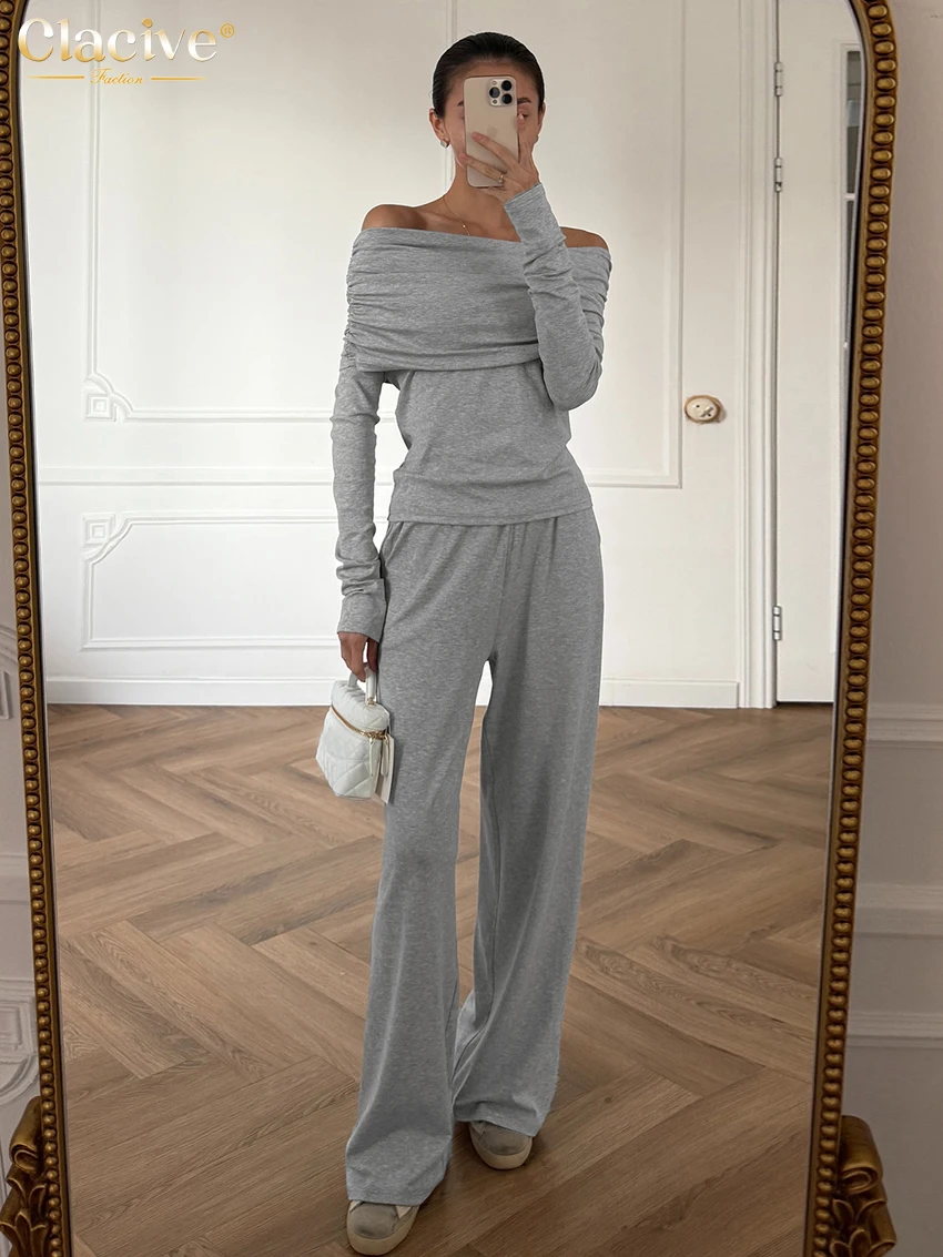 

Clacive Casual Loose Gray Knitted 2 Piece Set Women 2025 Fashion Long Sleeve Shirt With High Waist Wide Pants Set Female Clothes