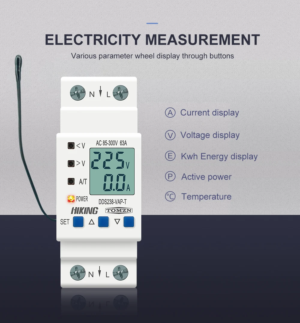 TOMZN rail-mount adjustable over/under voltage protector with current/temperature limit protection voltage/current/kWh metering