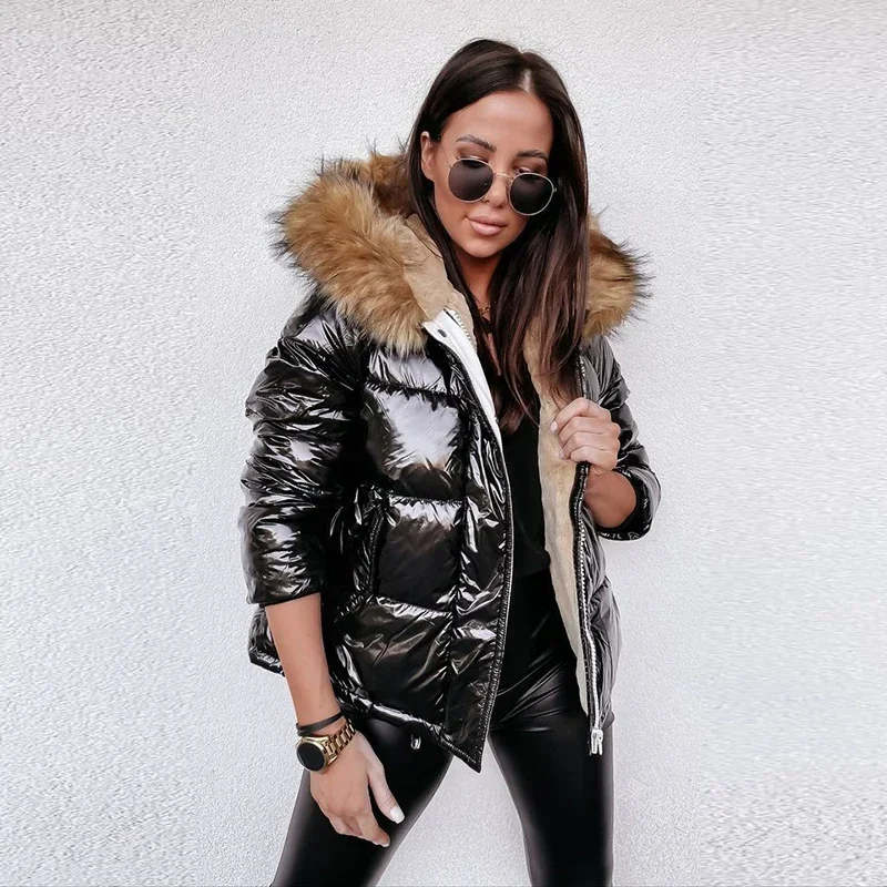 Women Solid Shiny PU Jackets 2023 Winter Fashion Big Fur Collar Hooded Down Cotton Coats Ladies Casual Thick Warm Zipper Parkas