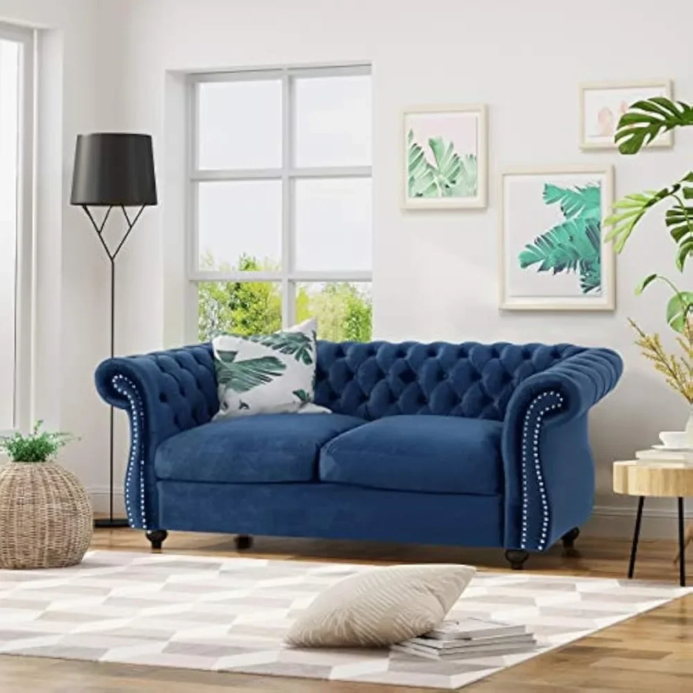 Christopher Knight Home Karen Traditional Chesterfield Loveseat Sofa, Navy Blue and Dark Brown, 61.75 x 33.75 x 27.75