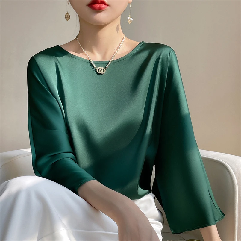 Fashion Woman Elegant Satin Blouse 2024 Spring Autumn Nine Quarter Sleeved Loose Tops Large Size Youth Woman Chic Basic Blouses