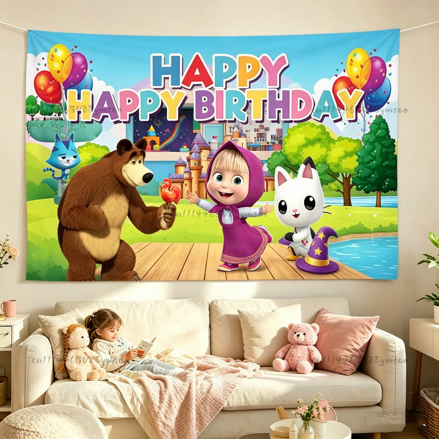 Cute Tapestry Happy M-Mashas and Bear Flag Children Bedroom Wall Hanging Tapestries Birthday Decor Party Background Cloth Banner