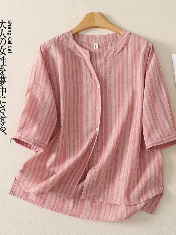 Casual Stripe Shirt Women's plus Size Summer Style Artistic Versatile Top Korean Japanese High End Design Loose Fit Printed