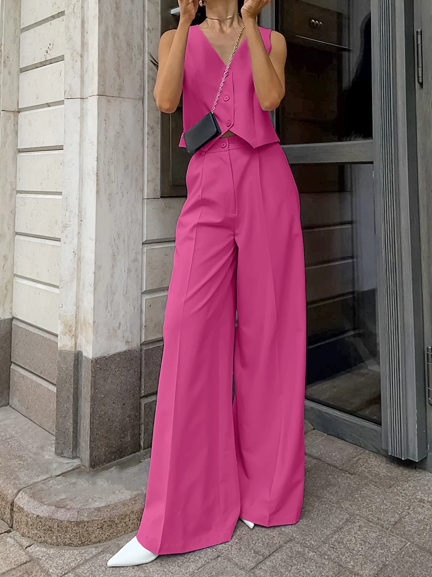 Women Vest Pants Two-piece Set 2024 Fashion Solid Color Button V-neck Sleeveless Elegant Vest Tops Wide Leg Pants 2-piece Set