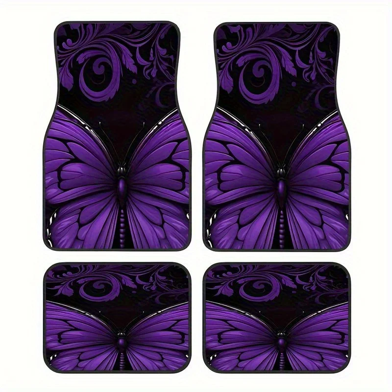 

4pcs Purple Butterfly Pattern Car Floor Mats - Crystal Velvet Full Coverage Front & Rear Seat Protectors, Universal Fit For Seda