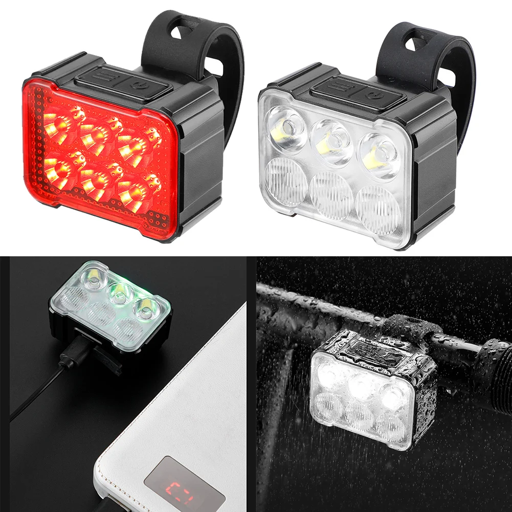 Red/White Cycling Taillight 6 Lamp Headlight Bicycle Lights Bike Safety Light LED USB Rechargeable Waterproof Bike Light