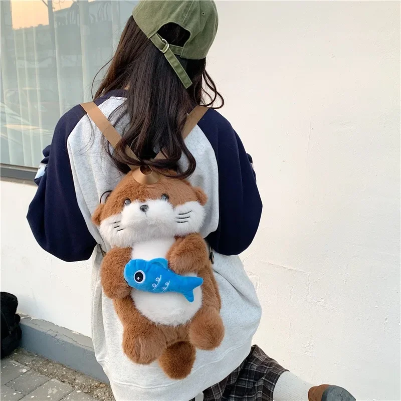 Adorable Otter Holding Fish Plush Backpack Capybara Cute Girls Trendy Backpack Casual Gifts for Children