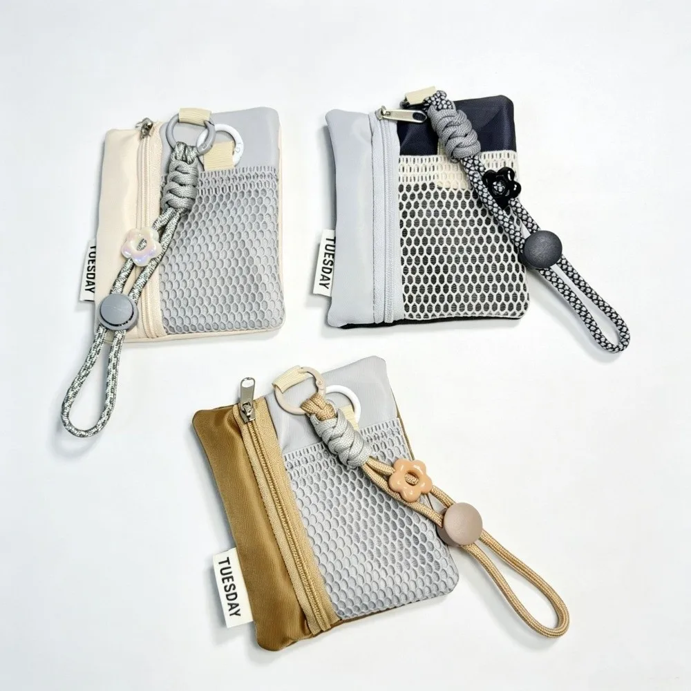 Creative Contrasting Mesh Key Coin Purse Lightweight Zipper Storage Pouch Portable with Lanyard Card Bag for Commute Travel Use