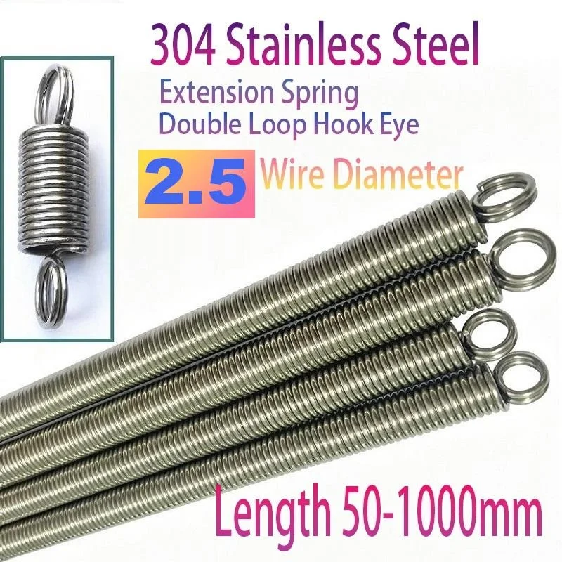 304 Stainless Steel Extension Spring Double Loop Hook Eye 2.5mm Wire Diameter 50-1000mm Length Custom Heavy Duty Tension Spring