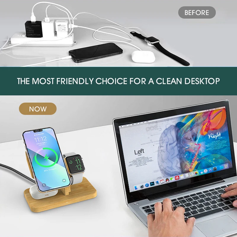 Bamboo 3 in 1  iPhone Wireless Charging Station 15W Charger Stand Dock for iPhone 14/13/12/11 iWatch se7/6/5/4 Airpods 4/3/2