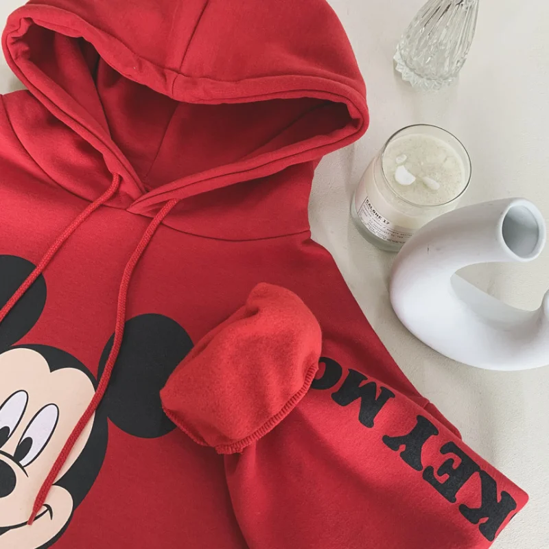 Disney Mickey Mouse sukienka jesień Cute Cartoon drukowanie 3D duży rozmiar bluzki damskie z długim rękawem moda Over-the-knee luźna bluza z kapturem