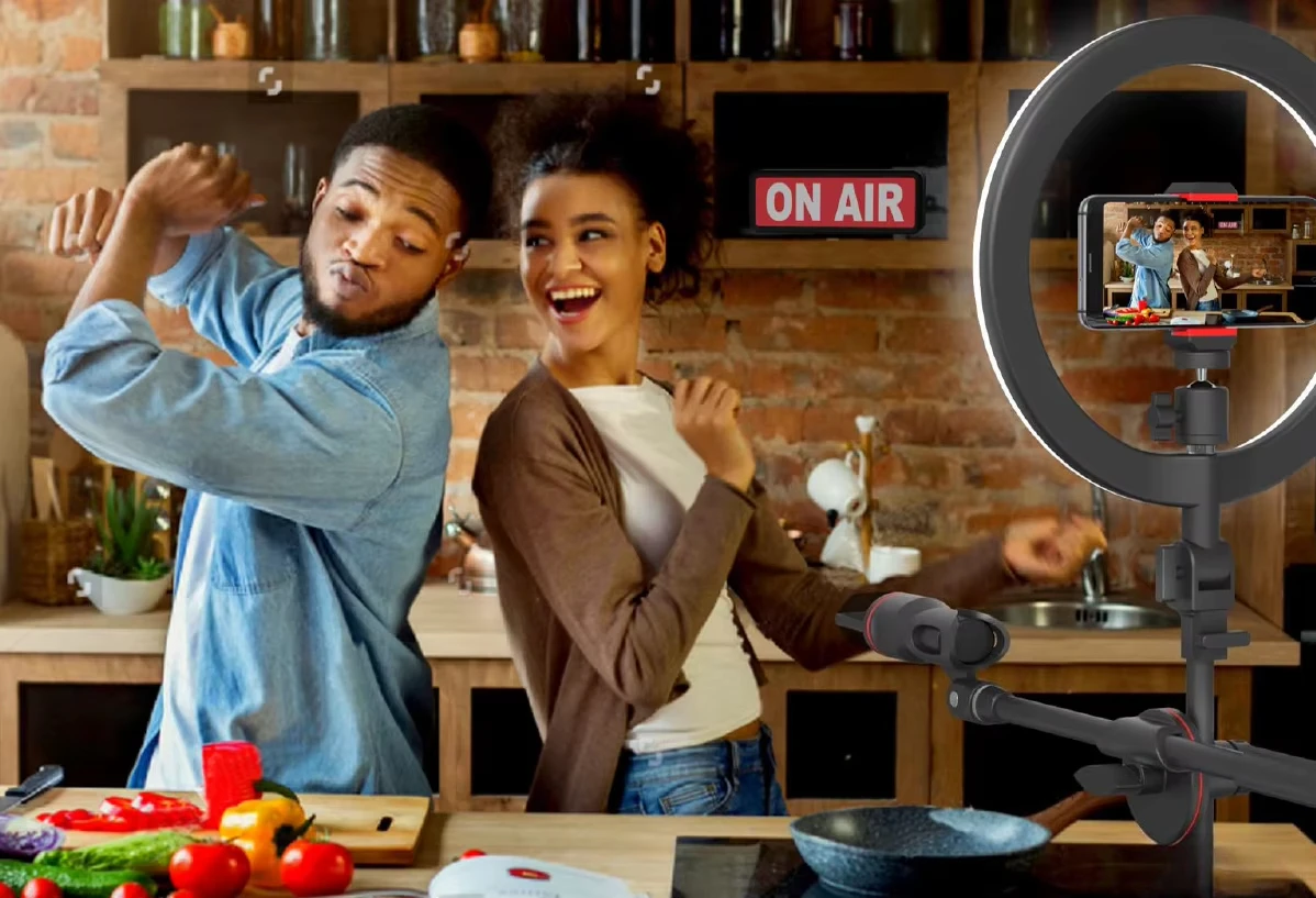 ضوء كاميرا الفيديو، ضوء حلقة سيلفي مع حامل الهاتف الخليوي، حامل ثلاثي القوائم مع ميكروفون