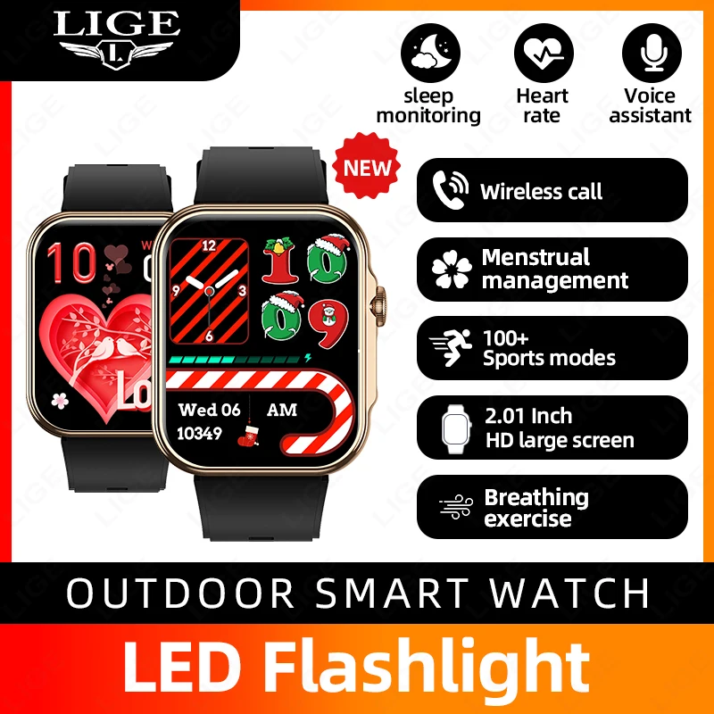 

2025 Новые роскошные спортивные умные часы для мужчин, 2,01 дюйма, светодиодный фонарик с экраном, монитор сердечного ритма и здоровья, умные часы с голосовым помощником