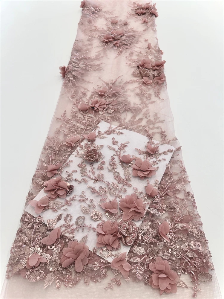 2025 Latest African 3D Flower Lace Fabric Dubai Sequins Tulle Groom Lace Fabric Embroidered Applique Nigerian For Sewing Dress