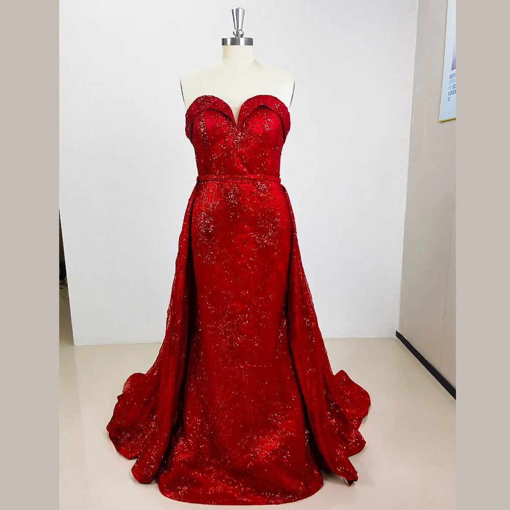 

Red Beading Strapless A-Line Evening Dress With Train New Fashion Female Floor Length Party Prom Ball Gowns