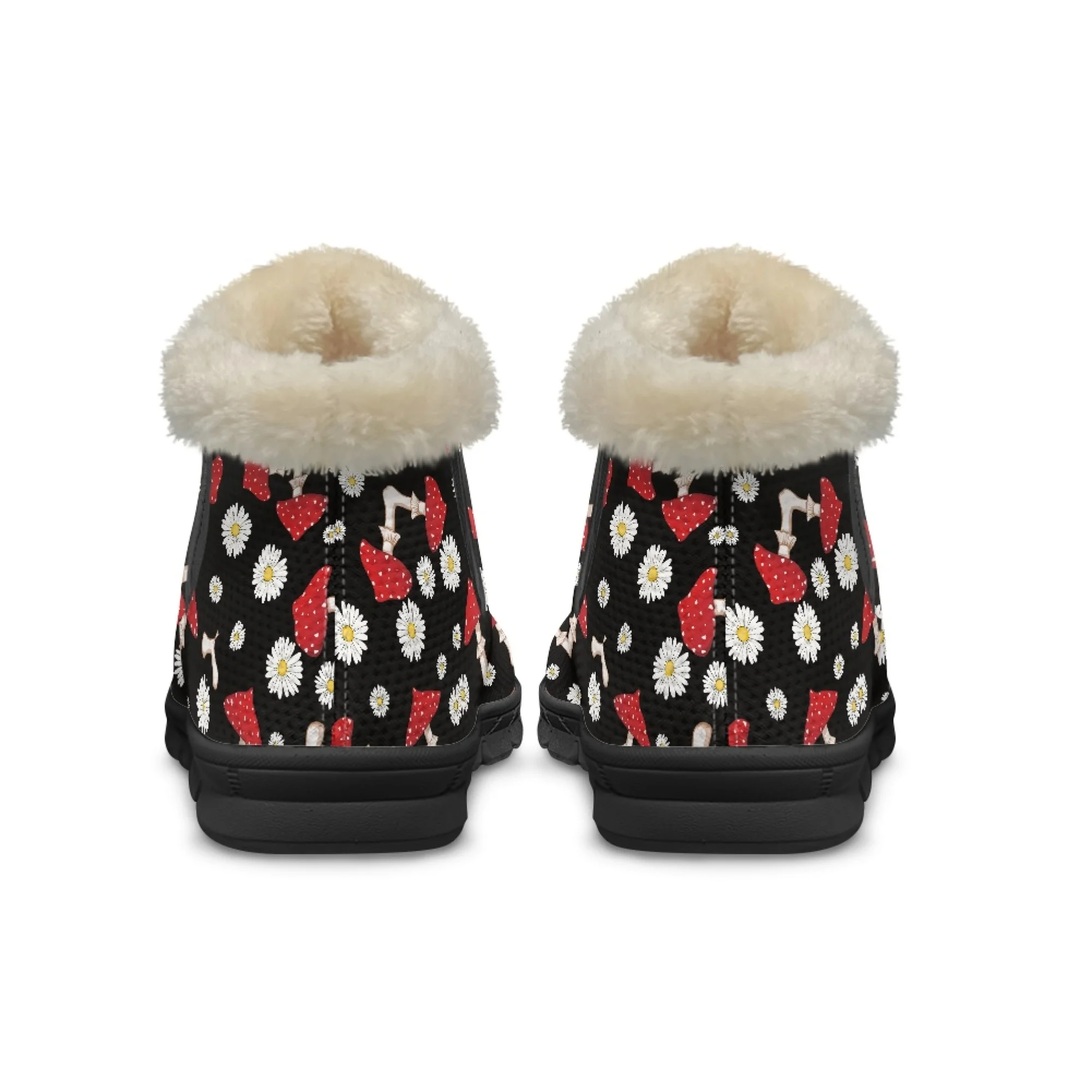 ELVISWORDS Red Mushroom Daisy Print Ankle Boots for Women Short Plush Warm Snow Boots Female Lining Fuzzy Shoes Non Slip