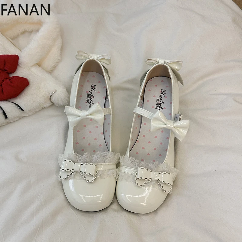 2025 New Large Size Lolita Women's Shoes Sweet Lace Bow Mary Jane Low Heels Fashion Platform Flats Pink Sandals