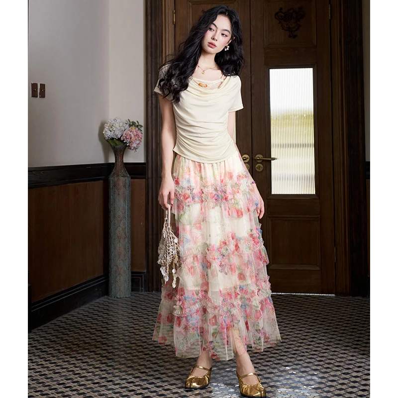 ELFSACK Floral Butterfly Print Tiered Maxi Skirt, Gothic Court Chiffon A-Line Long Skirt, Sweet Casual Daily Bottoms for Women - Image 2