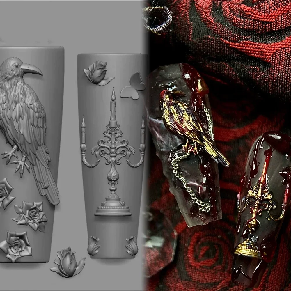 Diy Animals Dragon Snake Spider Silicone Nail Art Templates Mold Raven Swan Pigeon 3D Acrylic Carving Nail Mold Nail Art Charm
