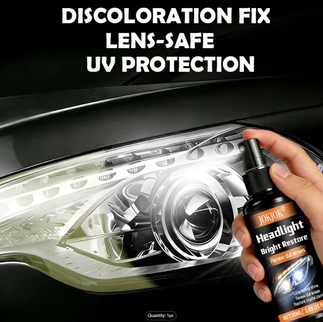 Headlight renovation spray removes yellowing and oxidation, restores dim faded lights. Repairs car headlights, taillights & plas