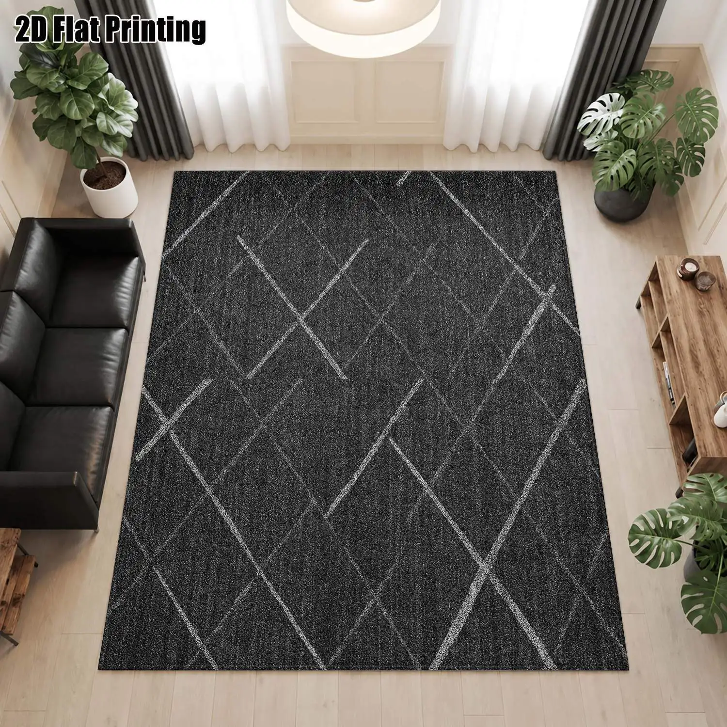 1Pc 2D Printed Dark Gray Geometric Line Nordic Modern Minimalist Abstract Art Carpet, Perfect Home Decor in Multiple Sizes, Machine Washable, Suitable for Entrance, Dining Room, Foyer, Bedroom, Living Room