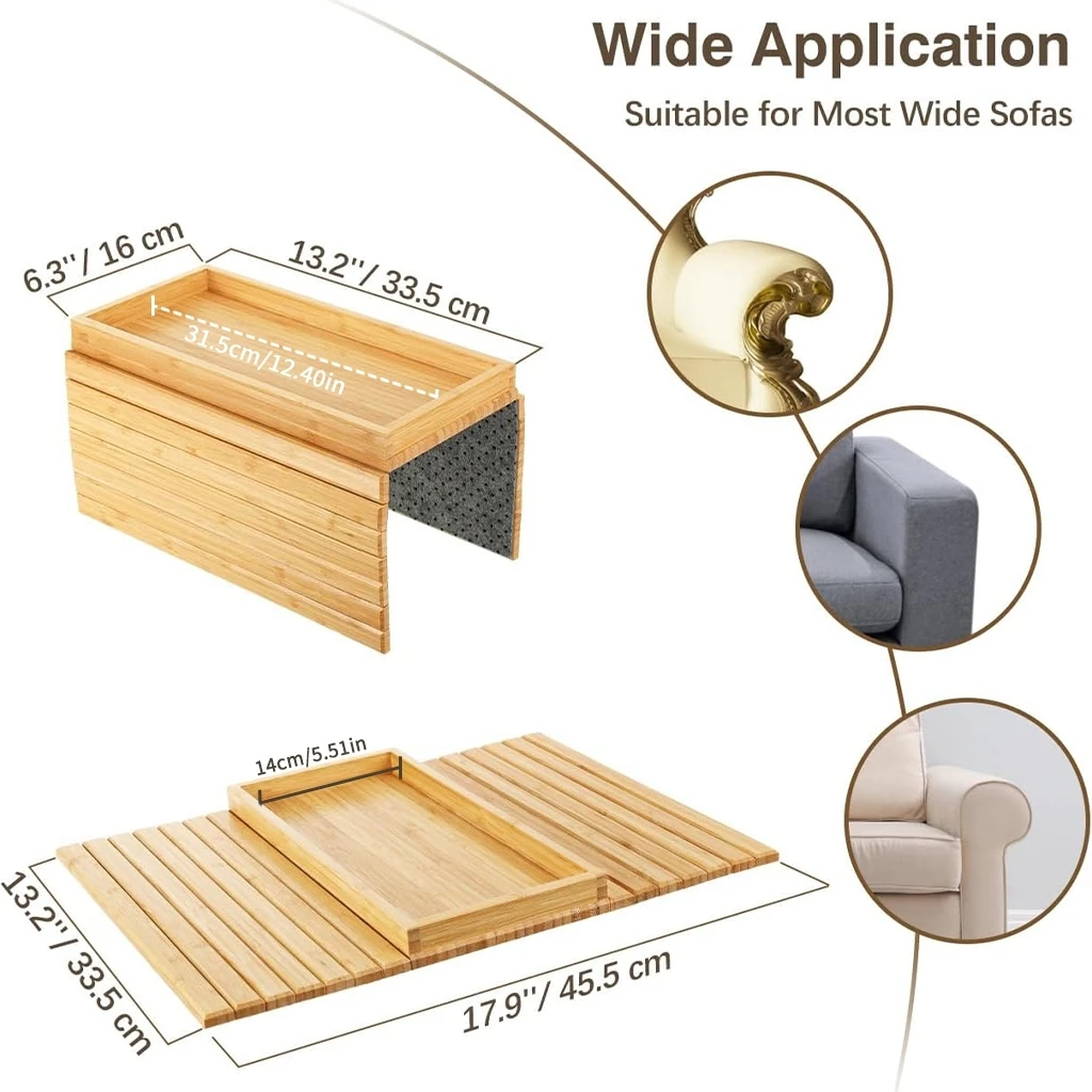 Bamboo Sofa Armrest Tray, Foldable Side Table with Non-Slip Base, Ideal for Snacks Drinks and Phones,Portable and Stylish Design