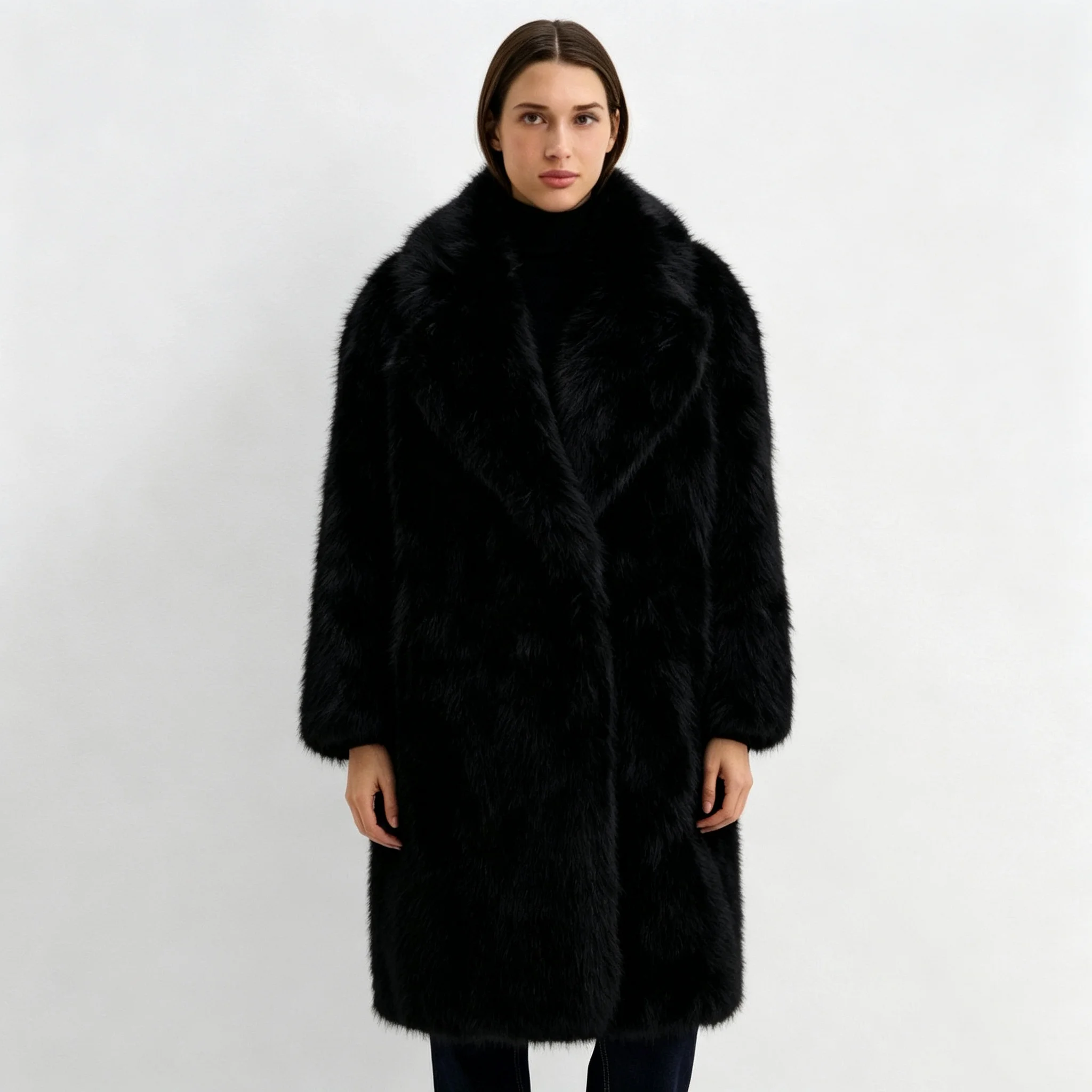 RU 2026 Women Wide Lapel Long Faux Fur Coat Loose Fit Long Sleeve Warm Jacket Autumn Winter Fashion Outerwear