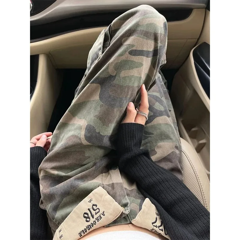 

Camouflage Cargo Jeans Women Patchwork Wide Leg Denim Pants Streetwear Vintage High Waist Baggy Straight Trousers New