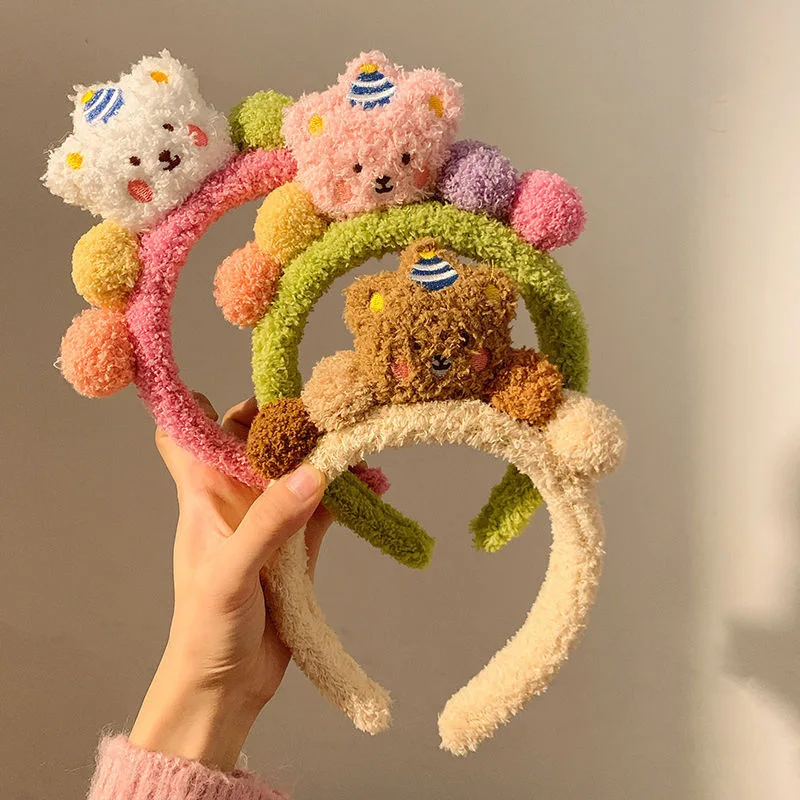 Cute Fluffy Cartoon Bear Fleece Headband Soft Fuzzy Non Slip Hairband For Women Girls Facial Washing Skincare Makeup Shower Love