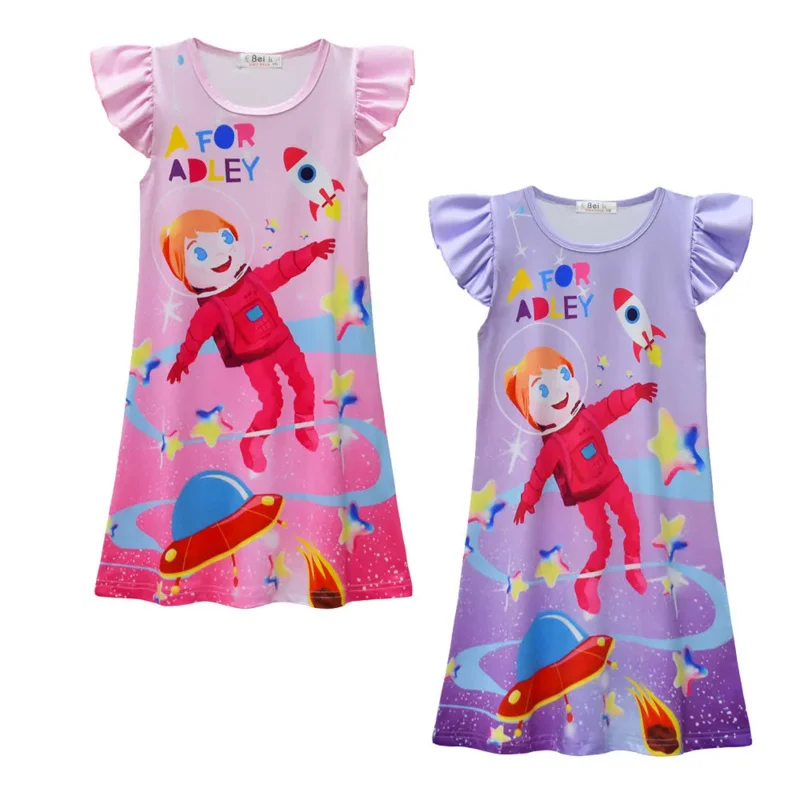 A for Adley Clothes Baby Girls Short Sleeve Pajamas Dress Kids Cartoon A for Adley Nightgown Child Party Princess Vestidos