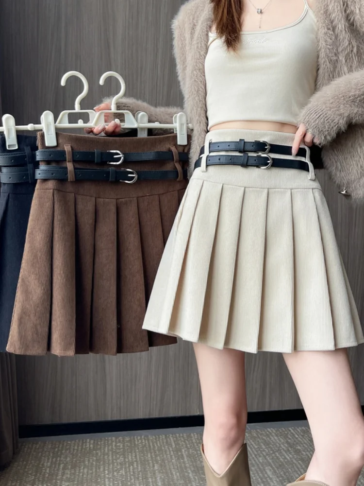 

Вельветовая плиссированная юбка с двойными ремнями, женская повседневная сексуальная мини-юбка с высокой талией, элегантная элегантная японская милая юбка трапециевидной формы в стиле преппи