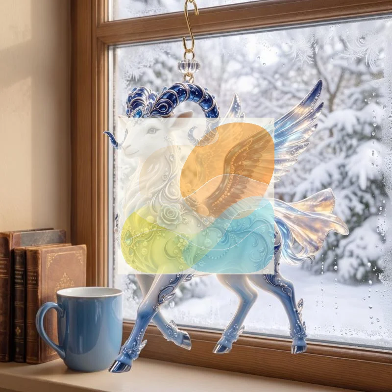 2D Flat Christmas Hanging Pendant Durable Acrylic Blue White Winged Goat Ornament for Home Winter Festive Decoration