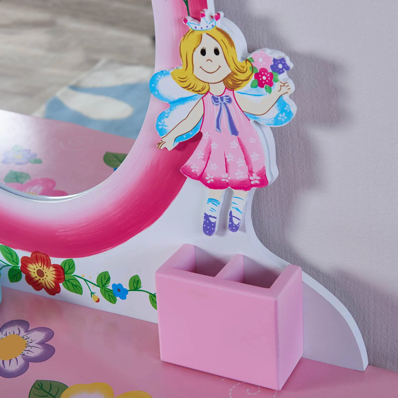 Kids Vanity Set Floral Printed Wooden Makeup Dressing Princess Table with Mirror and Stool for Role Playing Pink Kids Vanity image 5