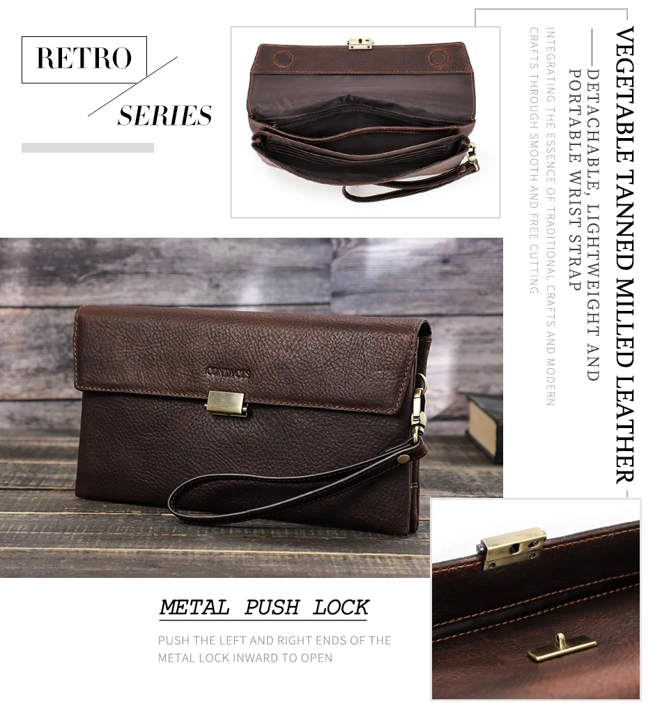 CONTACT'S Handgefertigte Vollnarbenleder-Clutch-Tasche mit RFID-Schutz, Handgelenktasche, Große Kapazität, Herren-Reißverschlusstasche für Business – Detail 4