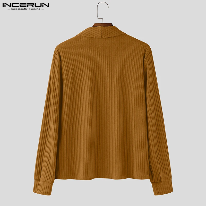 INCERUN, suéter para hombre, Color sólido, solapa tejida, manga larga, jerséis para hombre, ropa de calle de primavera y otoño, ropa informal de moda para hombre