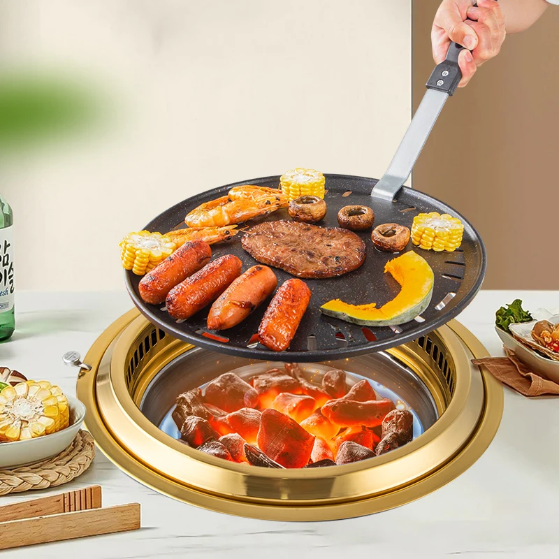 Korean stainless steel table top grill, smokeless table top grill with embedded charcoal for commercial indoor use