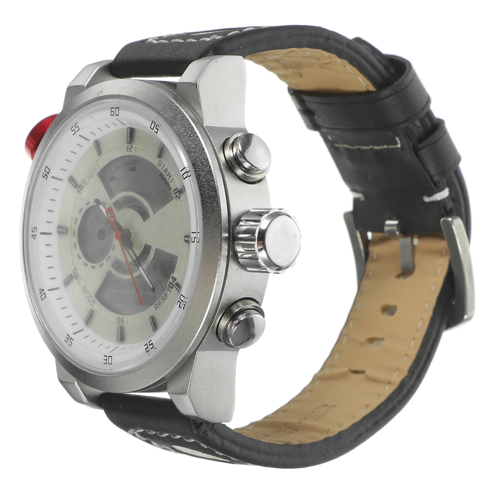 

Dual Display Men'S Quartz Watch White Pu Strap Alarm Backlight Waterproof Movement 5Cm Case 22Cm Strap Style Men