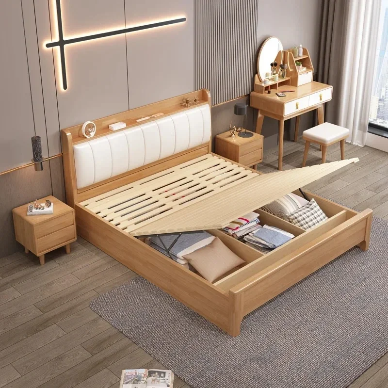 

Latest Design King Bed Oak Wood Original Factory Producing Nordic Style King Bed Oak Wood With Storage for Bedroom