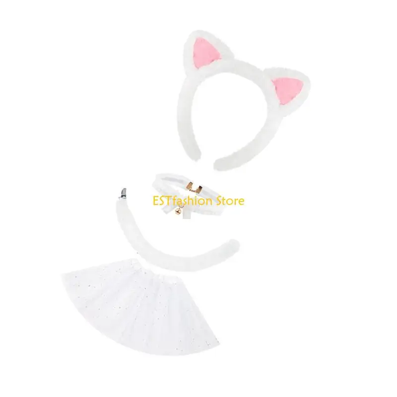 Y5GC Katzen Kostüme Set Katzen Ohren Stirnbänder Schwanz Glocken Halsband Tutu Rock Tier Cosplay Kostüme für Halloween Party