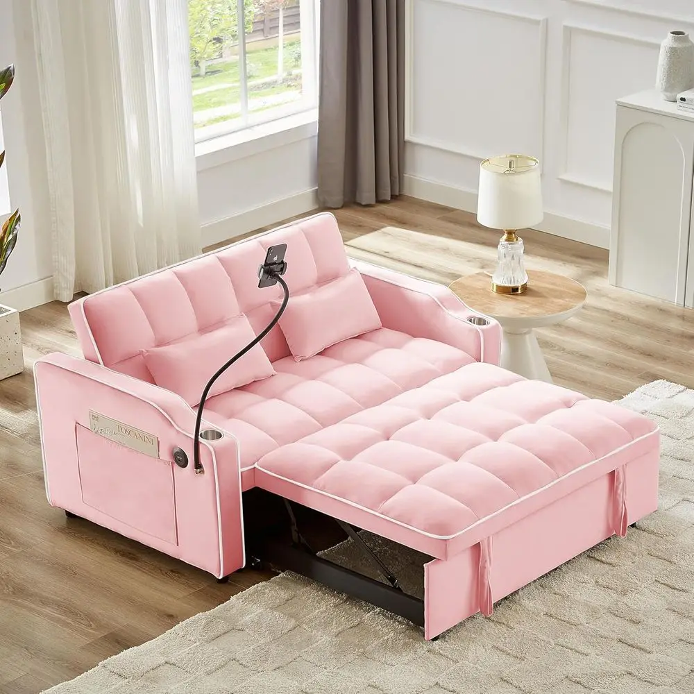 Convertible Sofa Bed with Pull-Out Couch and Adjustable Backrest, Multifunctional Sleeper Chair in Pink Velvet for Living Room a