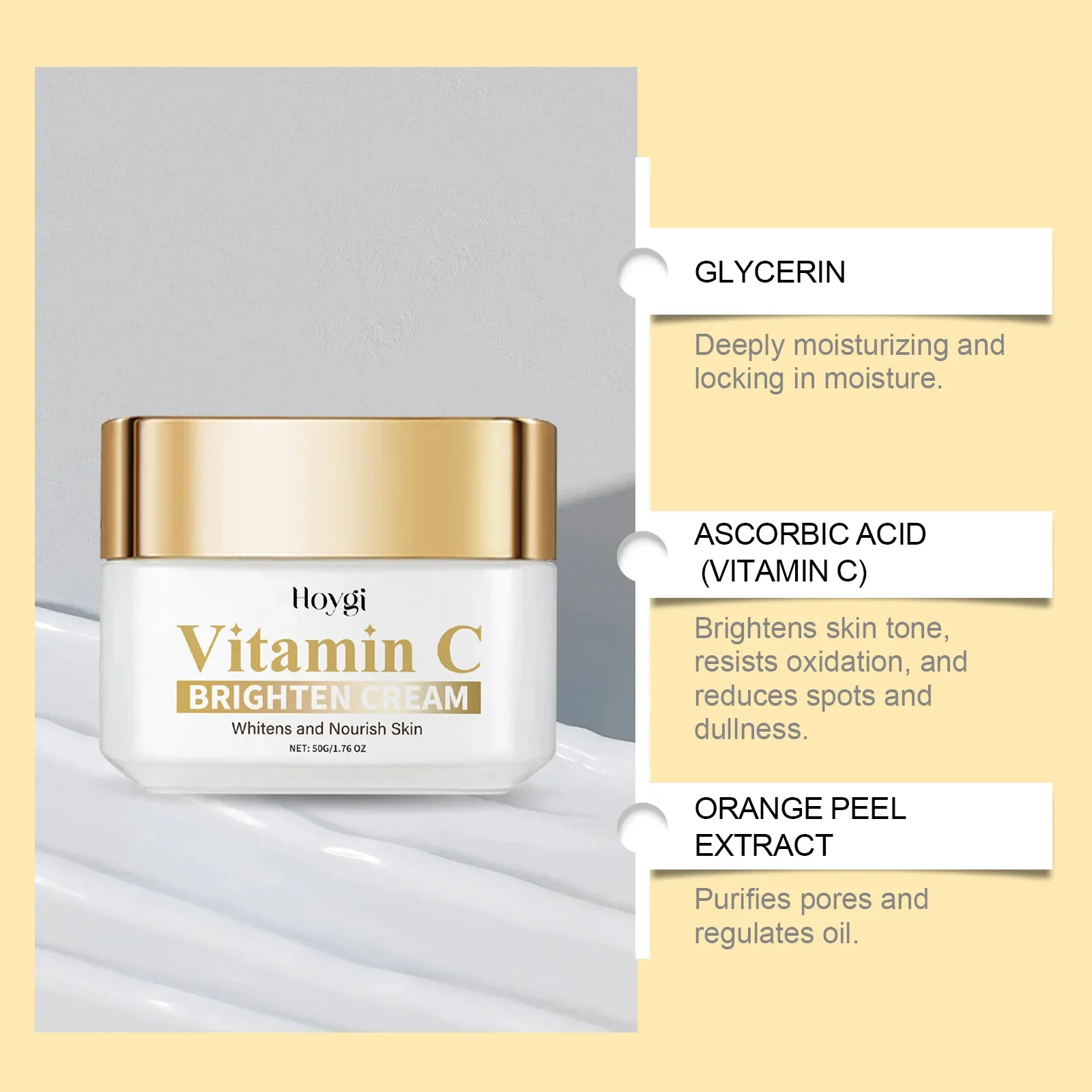 

Hoygi Moisturizing and Brightening Vitamin C Face Cream for All Skin Types - Reduces Pores and Fine Lines, Boosts Elasticity