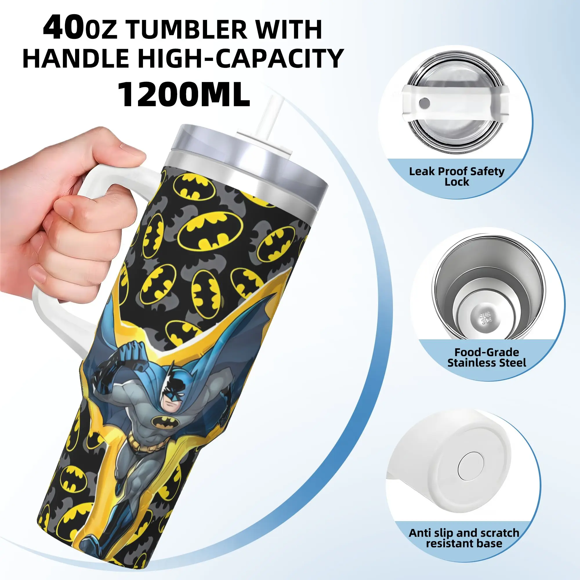 B-Batmans Cartoon Stainless Steel Tumbler 3D Print Travel Thermal Cups With Straws and Lid Large Mugs Cup Drinks Water Bottle view 3