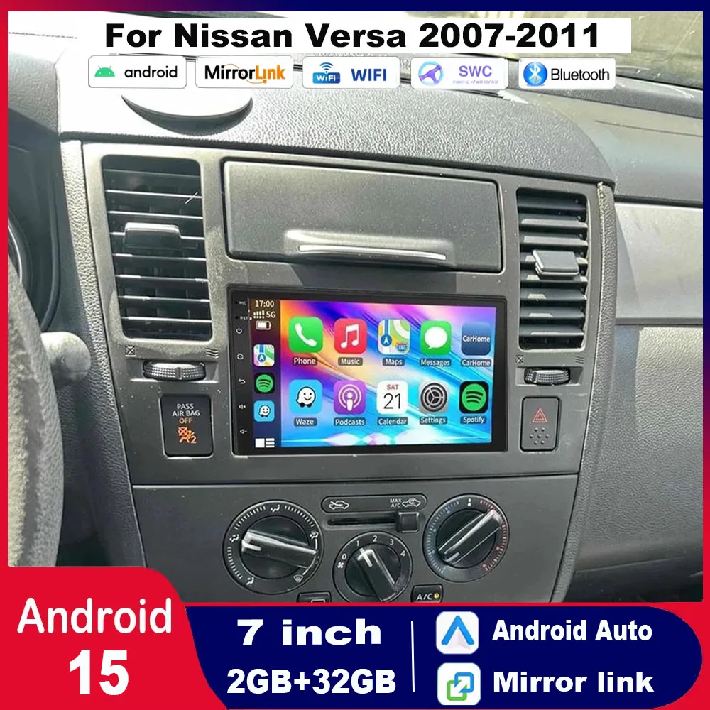 

Android 15 с Carplay+ Android Auto, 7-дюймовый экран, 2+32 ГБ, камера AHD, микрофон, навигация, совместим с Nissan Versa 2007-2011
