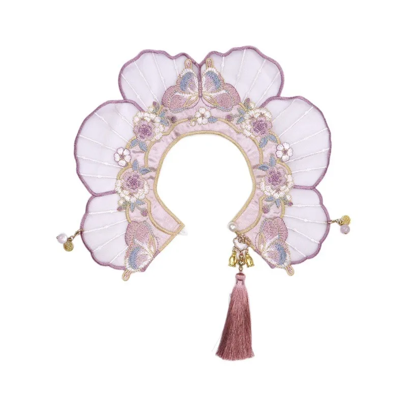 

Pink and purple butterfly flower embroidery pet cloud shoulder, pearl button tassel cat hanfu accessories