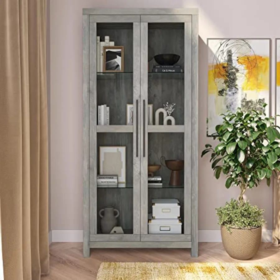 68 Avalon Glass Display Cabinet for living room - Gray Wash wood finish, tempered glass doors, modern minimalist design view 4